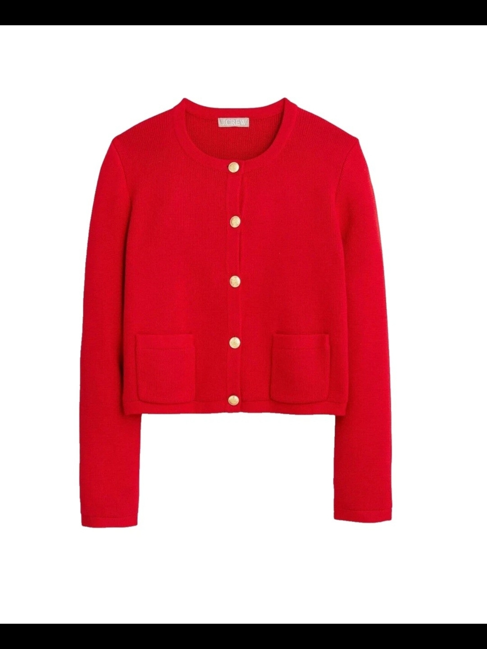 J. Crew Red Cropped Crewneck Cardigan with Gold Buttons.
